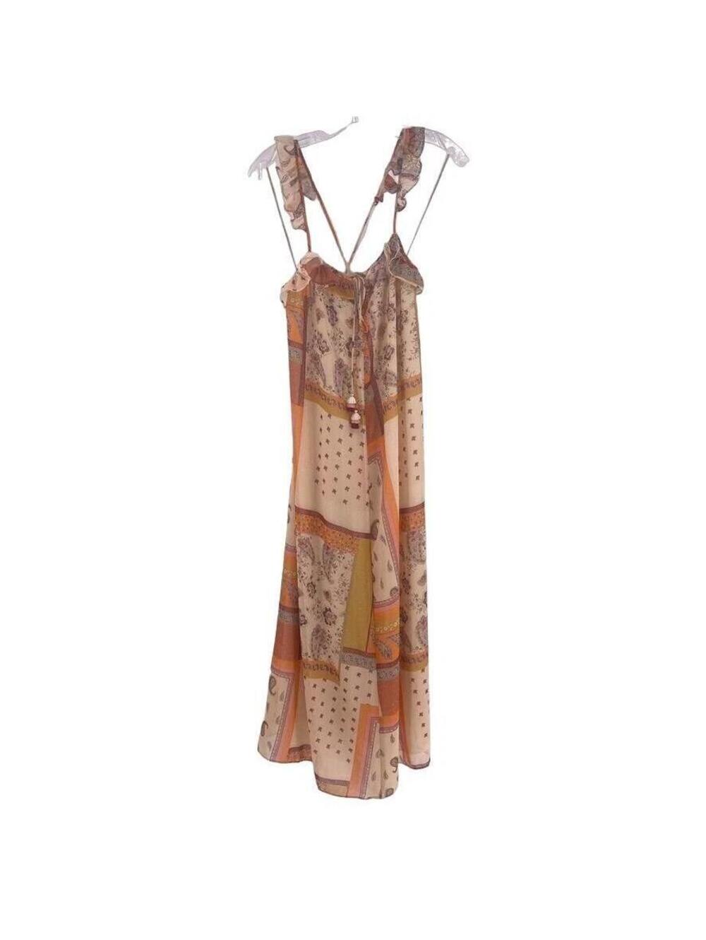 Zara Patchwork Paisley Printed Ruffle Maxi Dress Boho Orange Multi - Size XXS